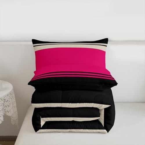 Patchwork Striped Comforter Set Hot Pink Black Stripes Bedding Queen Pattern 04