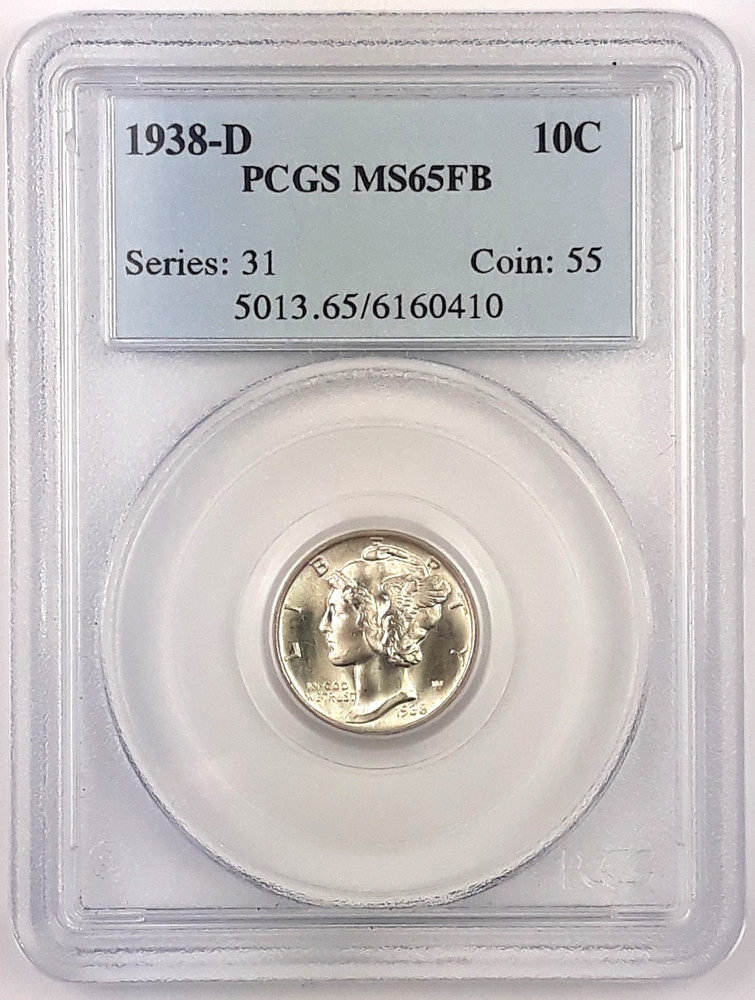 1938 D  Mercury Dime ~ PCGS MS65FB ~  Full Bands