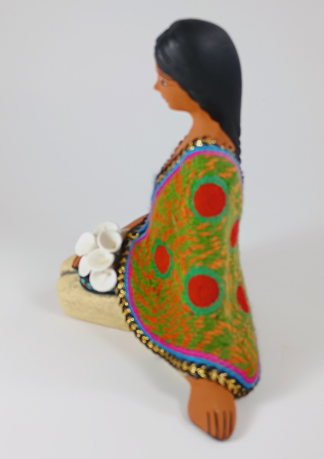 Clay Folk Art Honduran Lady Sitting with Flowers.