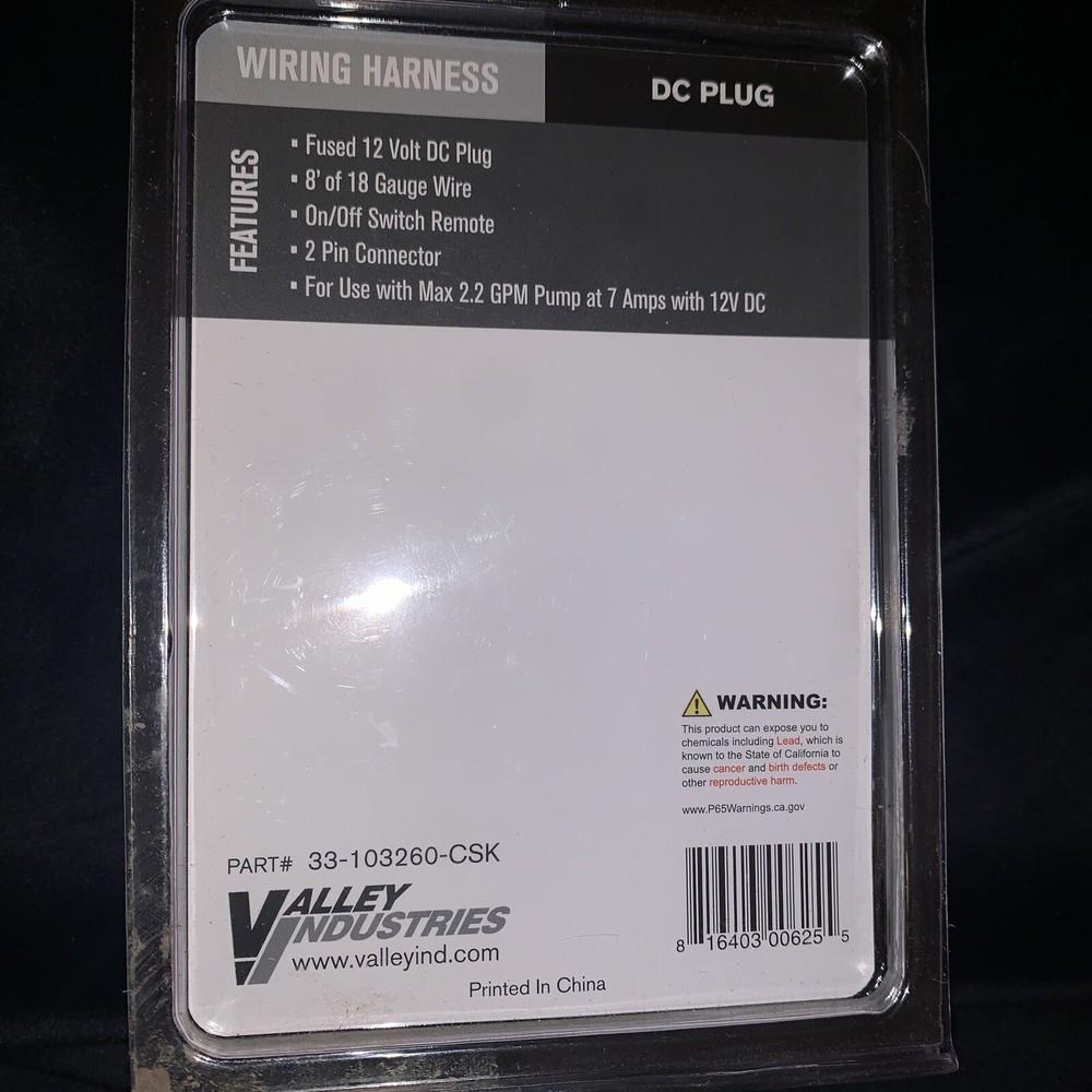Valley Industries 33-103260-CSK Wire Harness With Dc Plug 8'