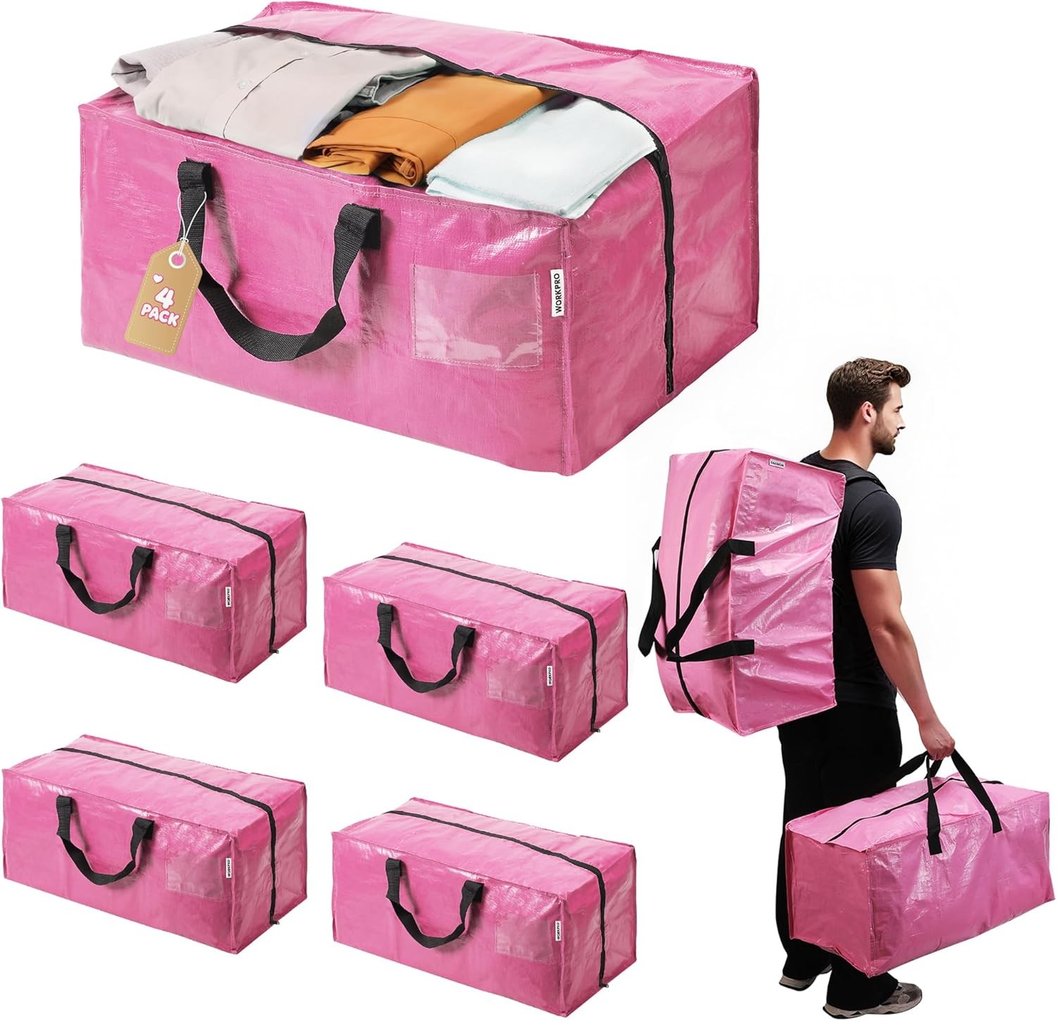 WORKPRO 4PC Heavy-Duty Extra Large Moving Bag Storage Tote w/Zipper Carry Handle