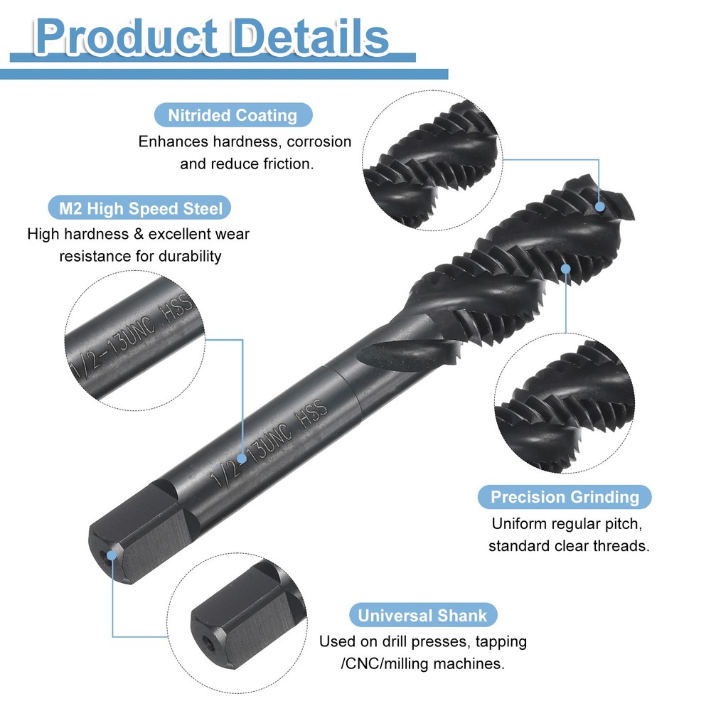 Spiral Flute Thread Taps 1/2-13 UNC H2 Machine Threading Tap Bit,Nitrided Coated