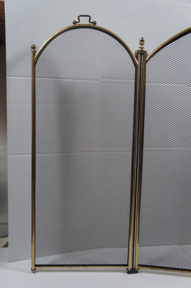 Antique Brass & Mesh 3 Panel Cherub Folding Fireplace Screen Hearthware 50"