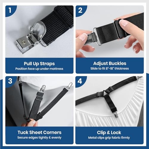 Bed Sheet Straps – 4 Pack Adjustable Sheet Holder Clips 4 Pcs (Triangle) Black