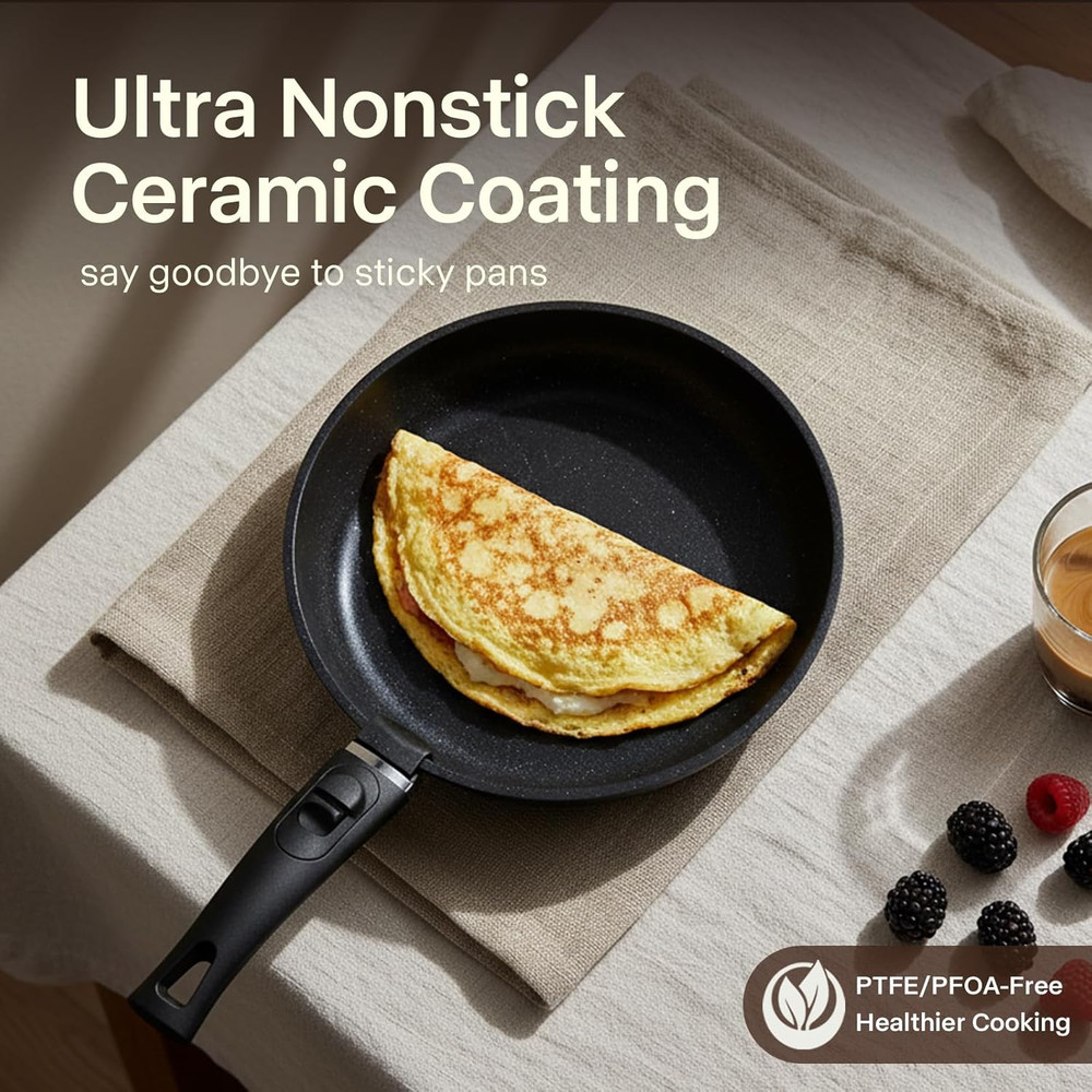 21 PCS Non-Stick Ceramic Cookware Set, Stackable & Portable, Black