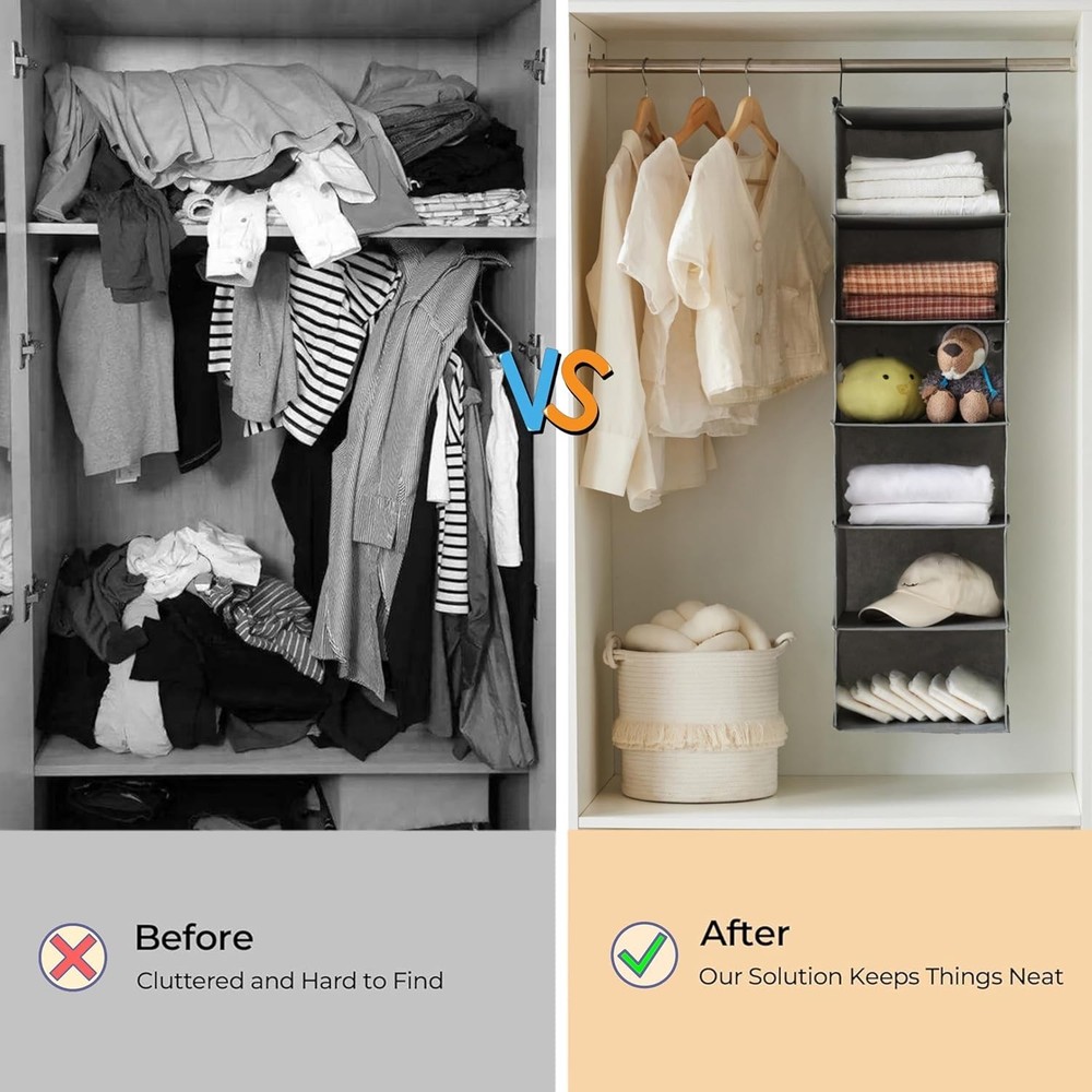 6 Tier Foldable Hanging Closet Organizer with Strong Hooks for Efficient Storage