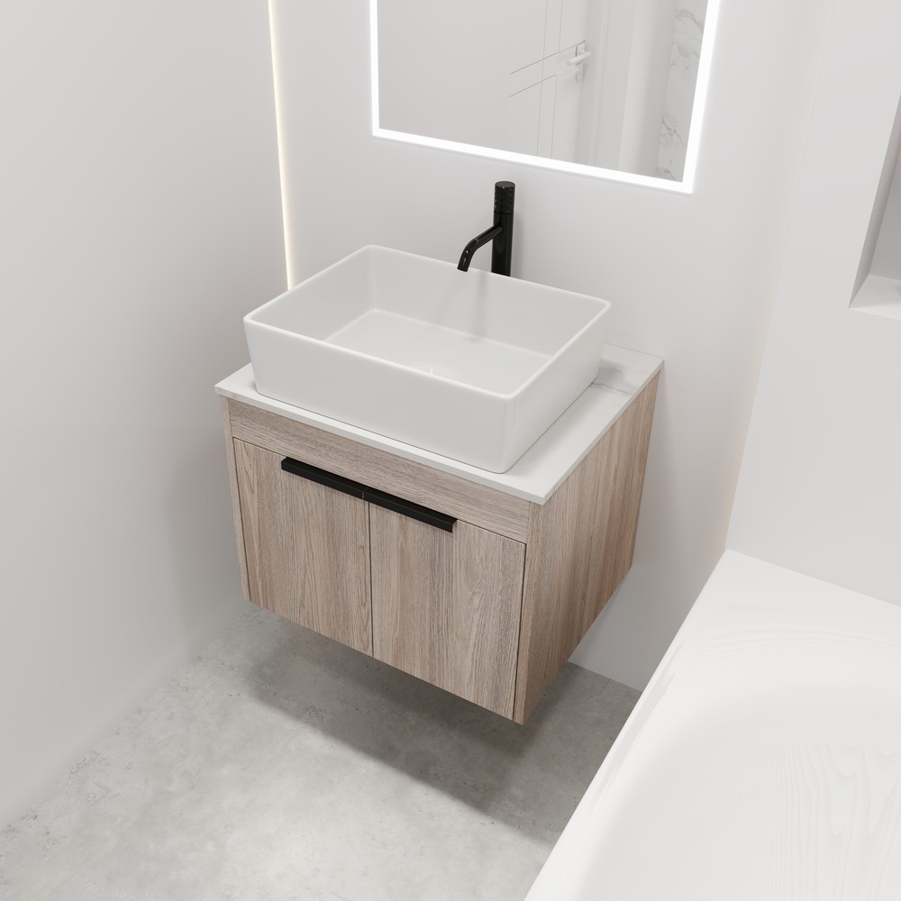 24"Modern Wood Floating Wall Mounted Bathroom Vanity +Ceramic Rectangular Basin