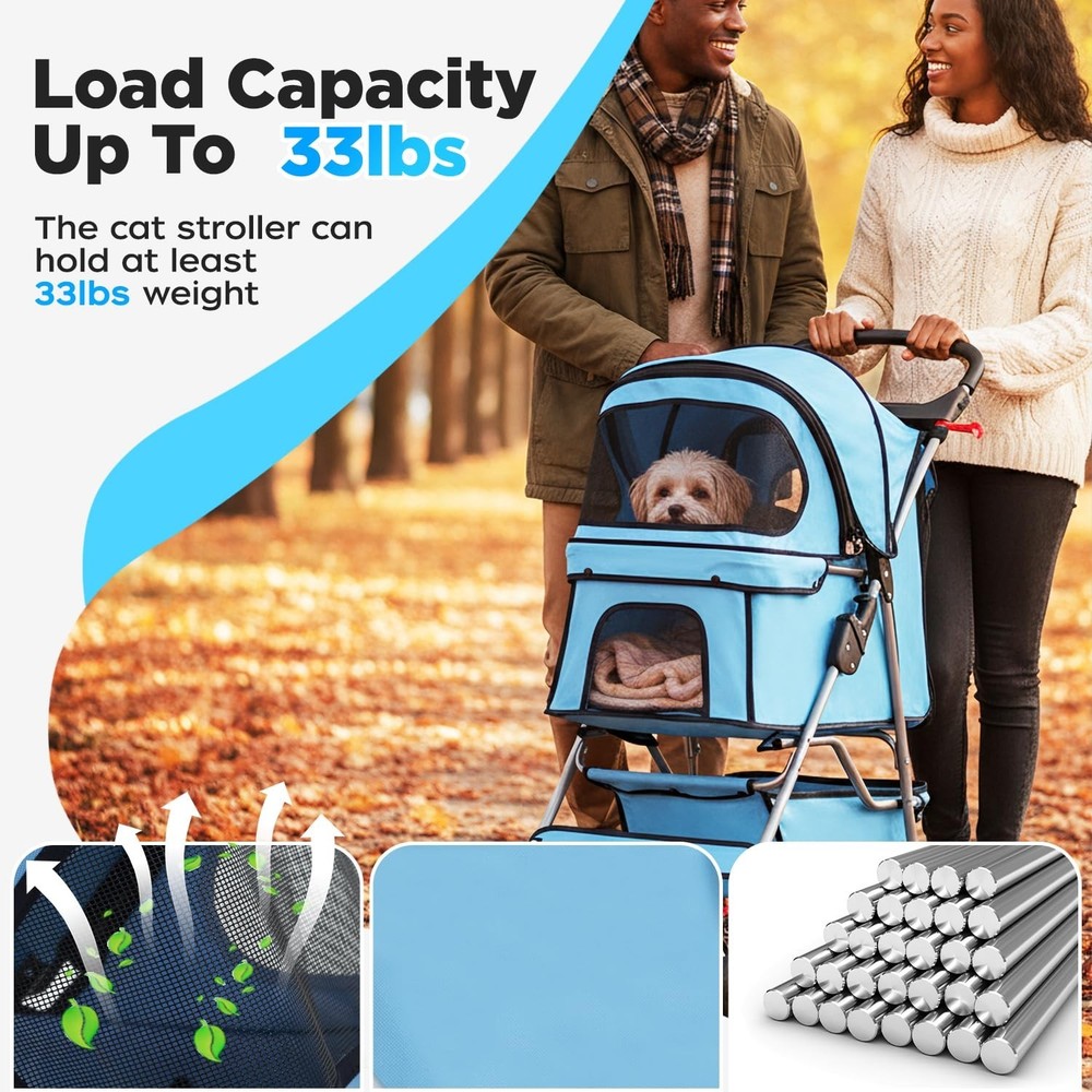4-Wheel Pet Stroller - Blue Foldable Carrier with Cup Holder
