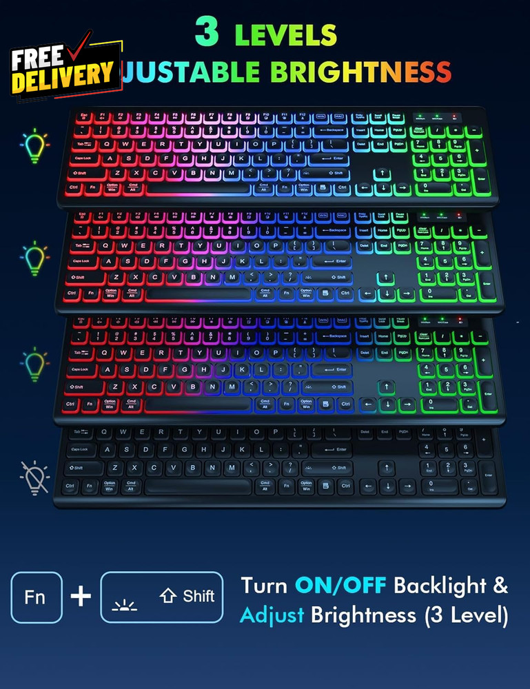 Wireless Keyboard and Mouse Combo RGB Backlit Rechargeable & Light up Lett.....