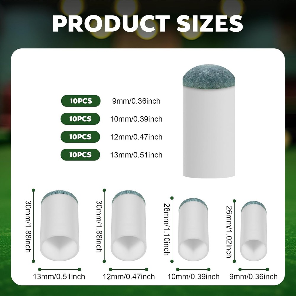 40Pcs Slip On Pool Cue Tips Replacement Kit 4 Sizes No Glue Fast-Fix Solution (9