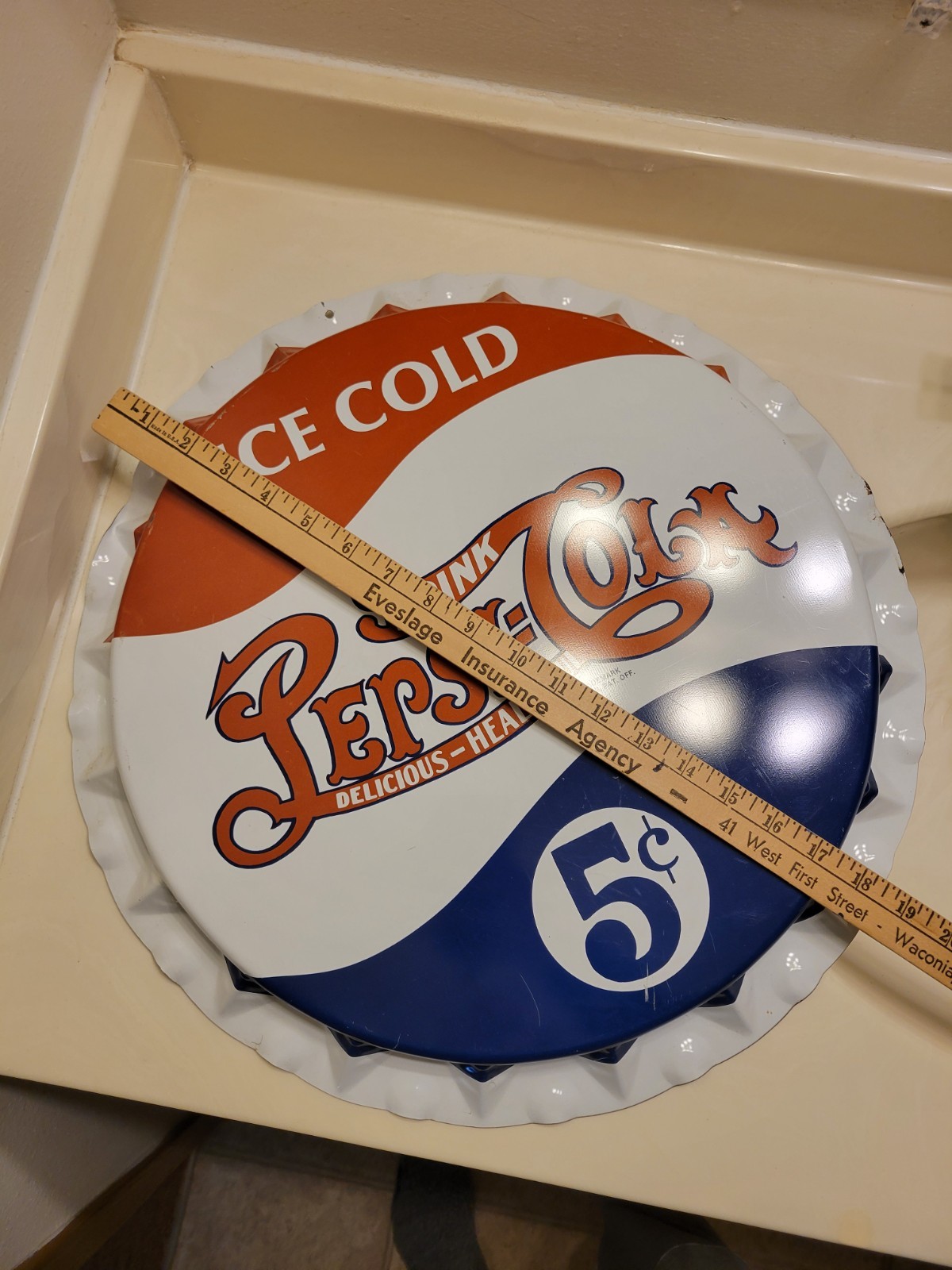 VINTAGE PEPSI:COLA DOUBLE DOT BOTTLE CAP METAL SIGN / 19"x 2" DIMENSIONS