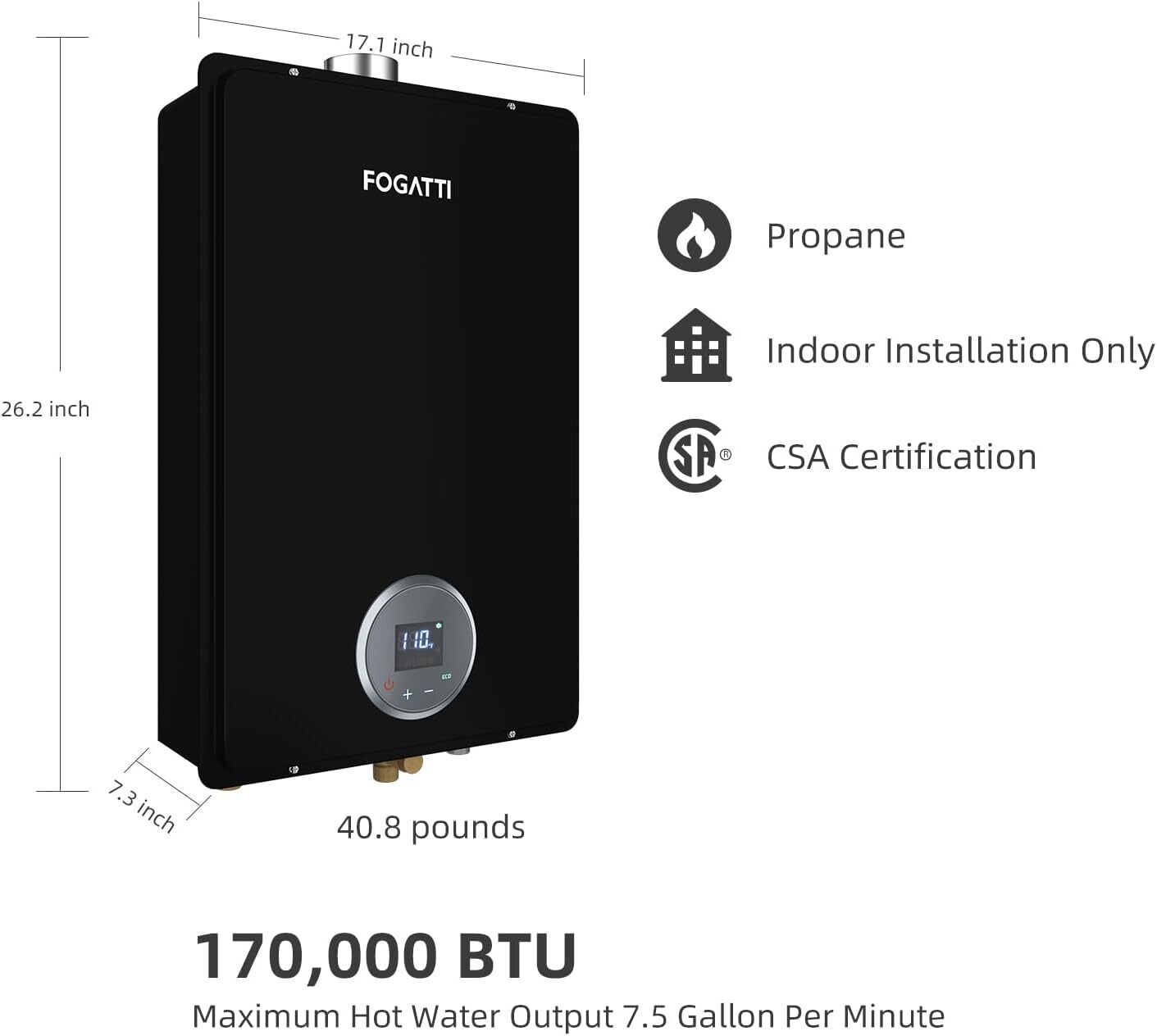 FOGATTI 7.5 GPM 170,000 BTU Tankless Water Heater Indoor Black Propane Gas-USED