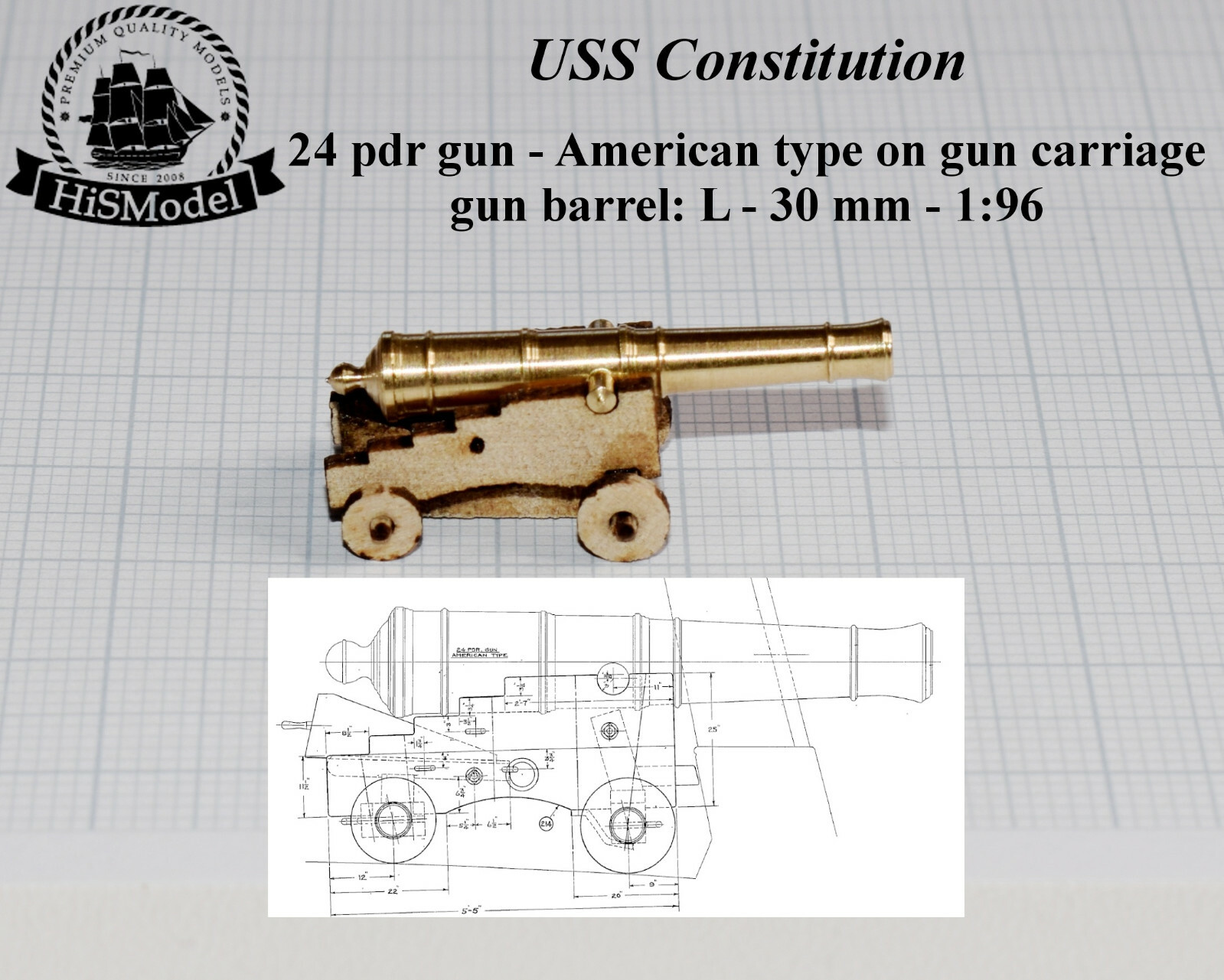 Revell USS Constitution, United States 1:96 - complete set of 53 brass cannons