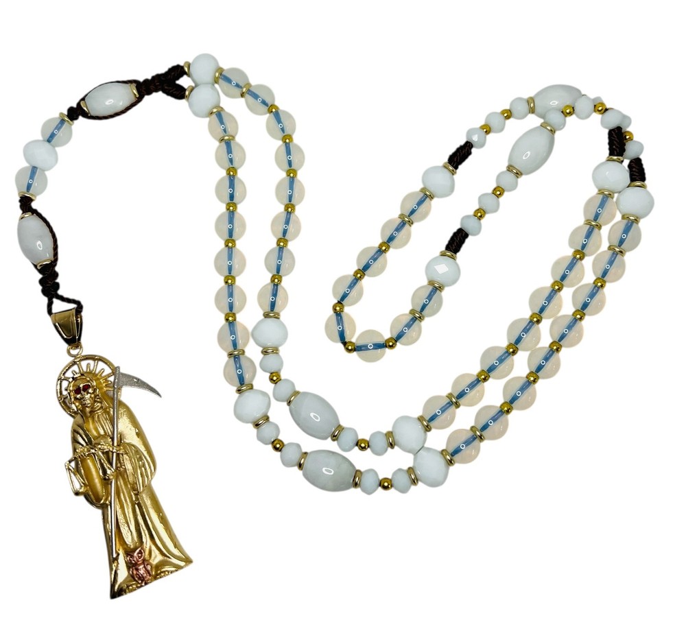 Santa Muerta Holy Death Grim Reaper white Rosary gemstone Opal and peal handmade