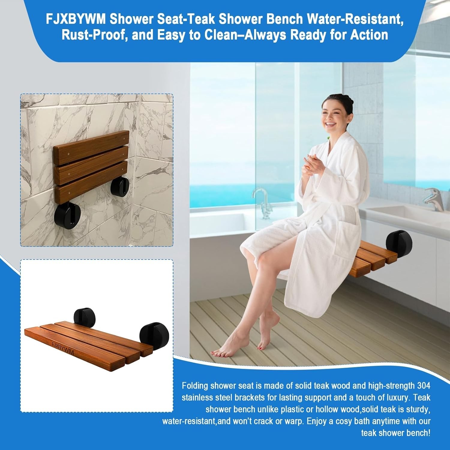 20-inch Teak Shower Bench Wall Mounted Fold-Down Shower Seat
