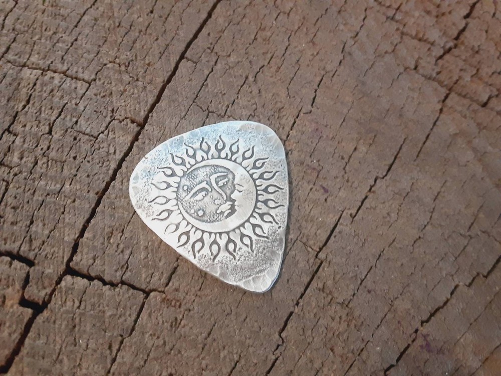 Sterling silver guitar pick - playable with sun moon and stars
