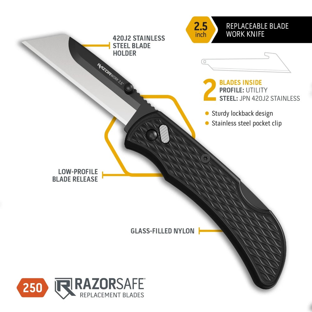 Outdoor Edge 2.5" Razor Work Replaceable Blade Utility Knife 2 Blades RazorWork