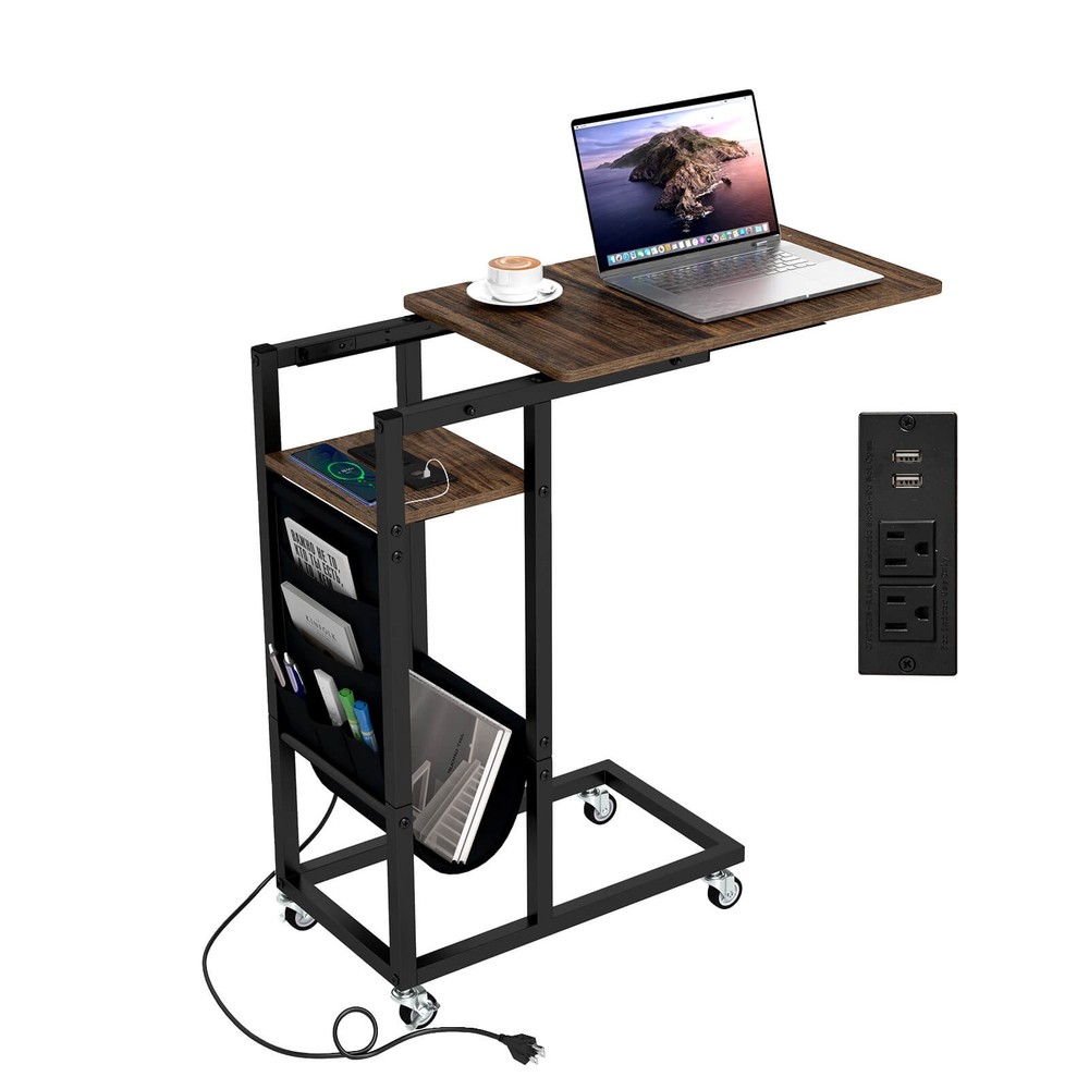 C-shaped End Table w/ Charging Station Rolling Bedside Table Couch Side Table
