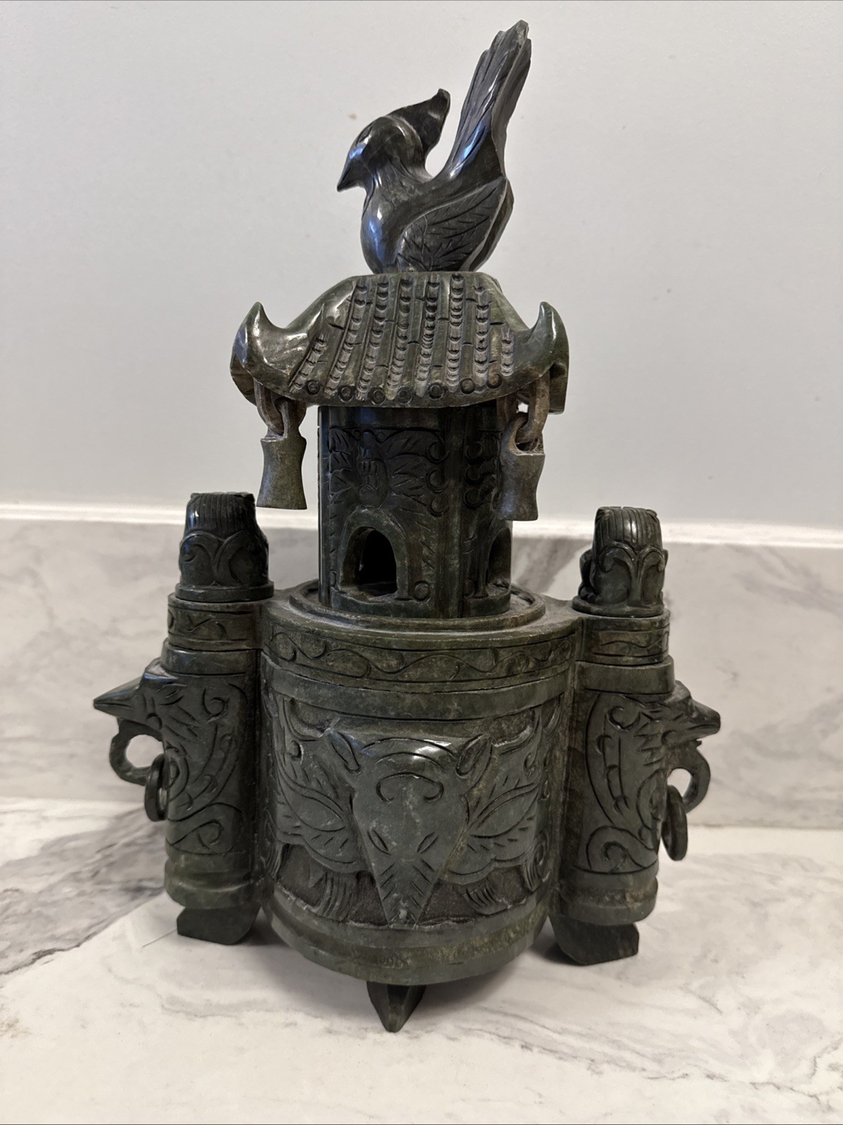 Large Vintage Chinese Deep Green Nephrite Jade Incense Burner 14”