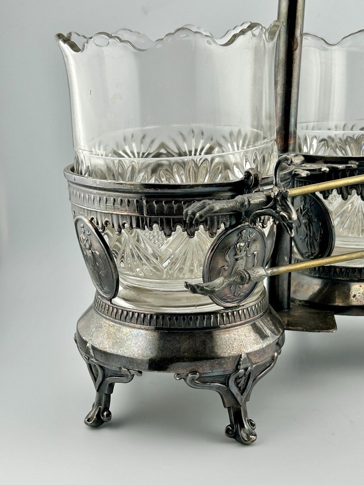 Antique Victorian Silver Plate Double Condiment Cruet EAPG Insert Pickle Fork