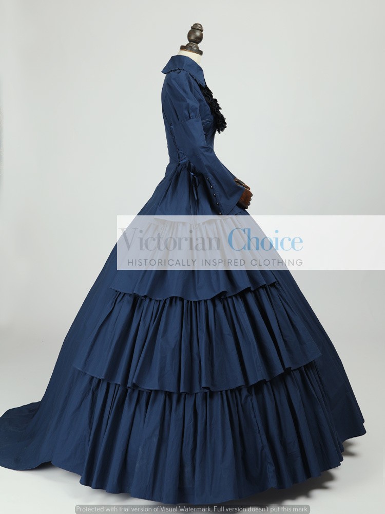 Blue Victorian Gothic Maid Mourning Dress Steampunk Witch Halloween Costume 007