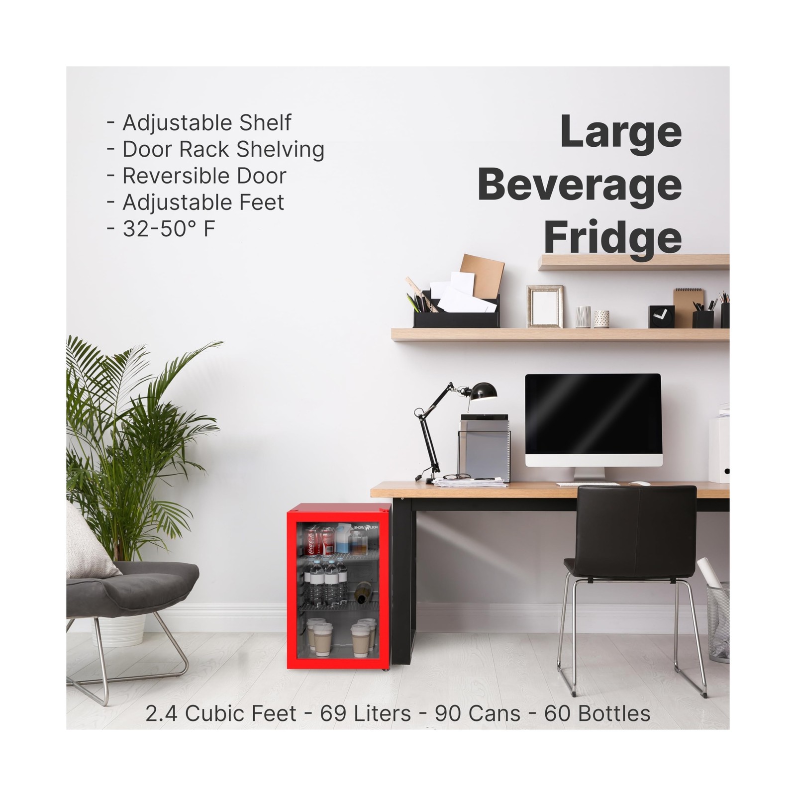 Premium Undercounter Glass Door Mini Fridge, 69L Compact Beverage Fridge with...