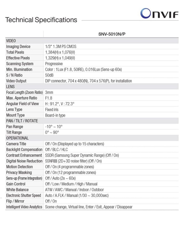 Samsung 1.3xMP HD 3mm fixed flat dome camera SNV-5010