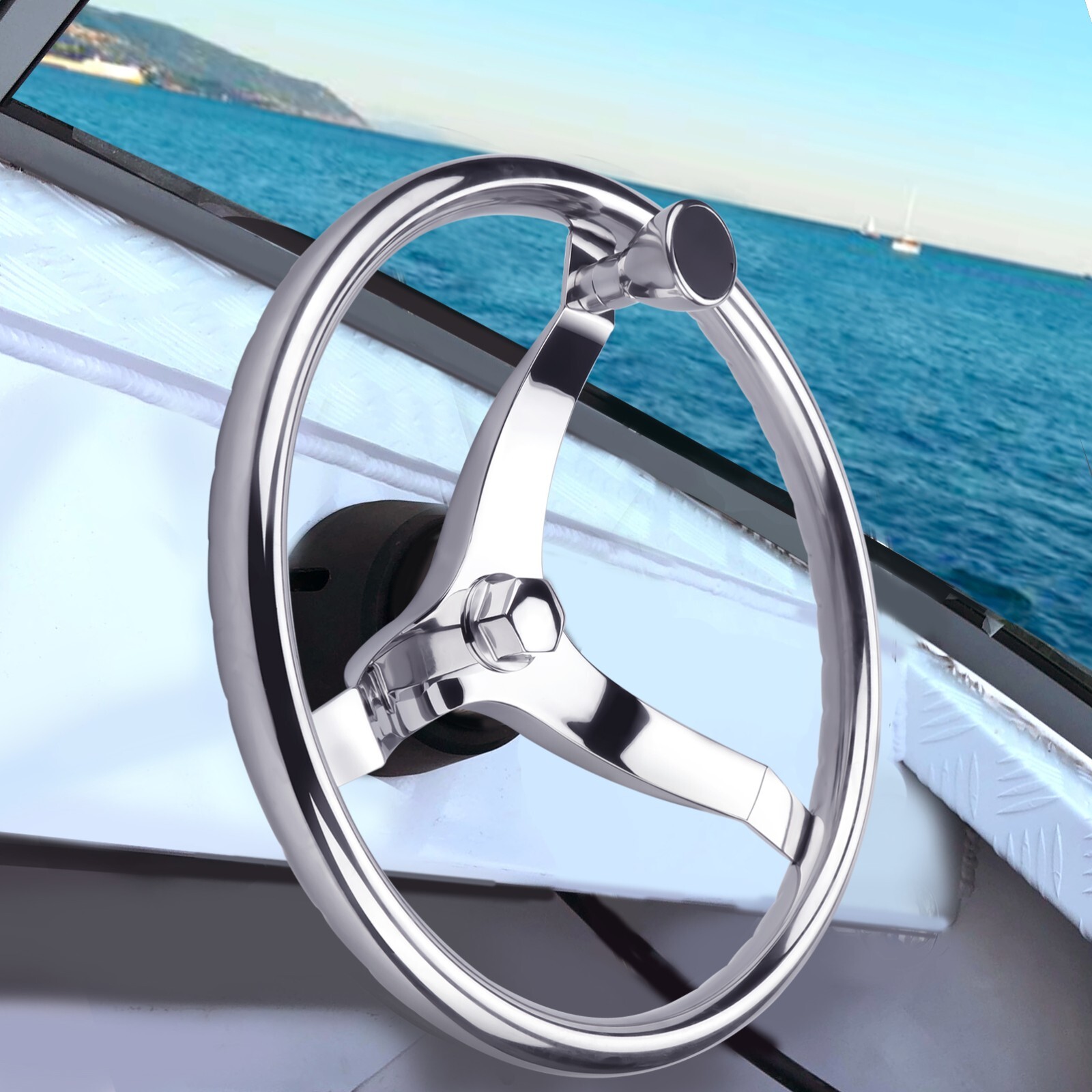 Marine Stainless Steel 13.5 inch Boat Steering Wheel 3 Spokes w/Knob Nut
