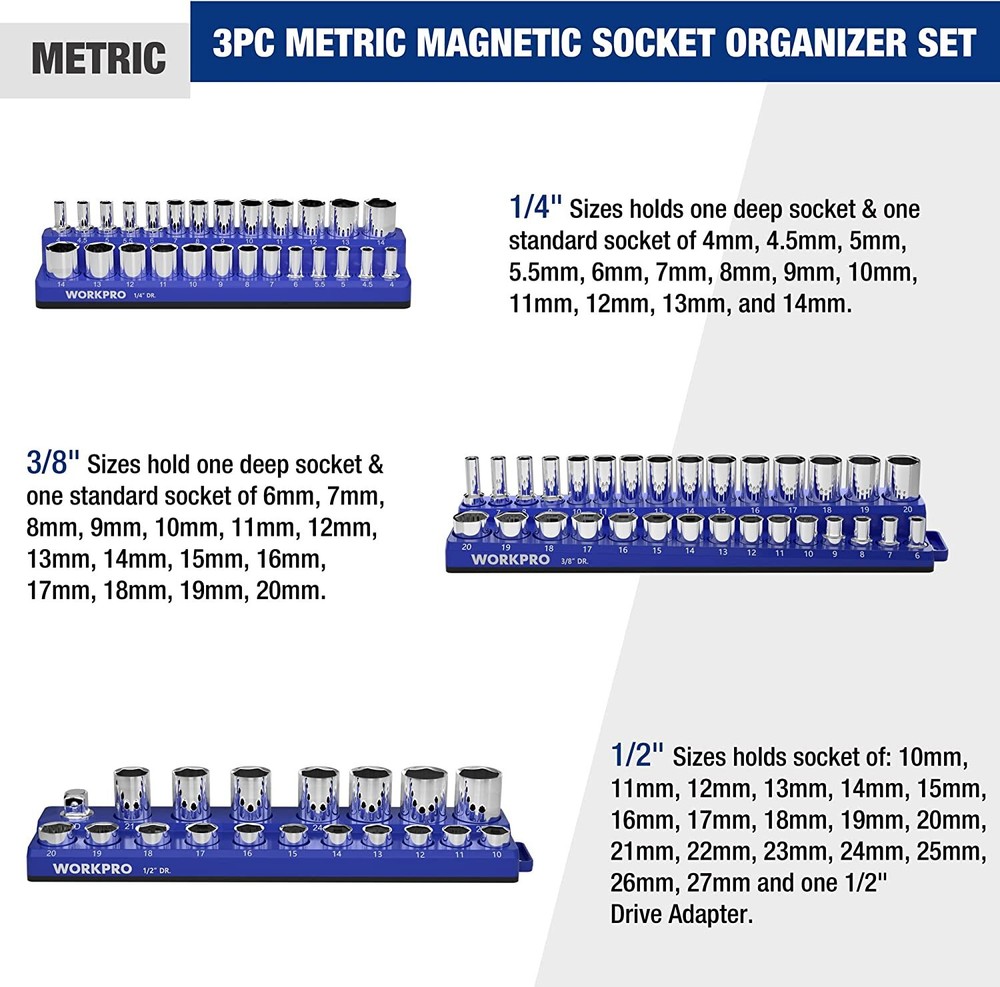 WORKPRO Magnetic Socket Organizer Set 3PC Socket Holder Set 1/4"3/8"&1/2"Drive