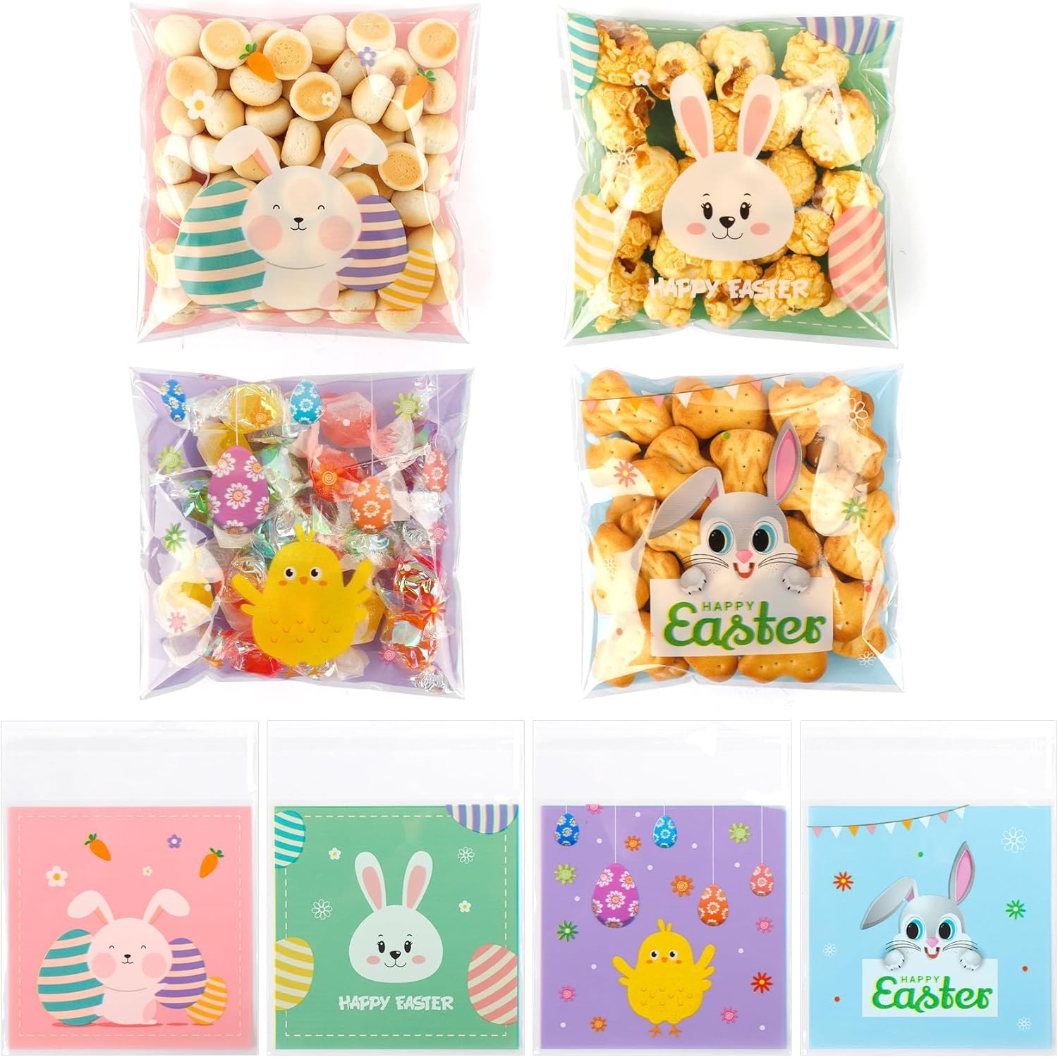 100 PCS Self Sealing Clear Easter Ziplock Bags, Easter Cellophane Treat Goodie S