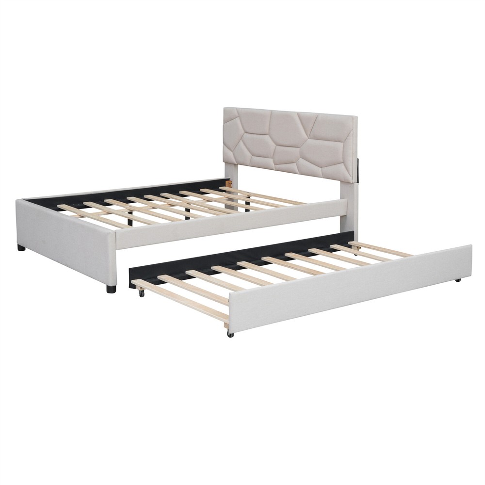 Full/Queen Size Bed Frame Upholstered Platform Bed with Headboard Beige/Gray