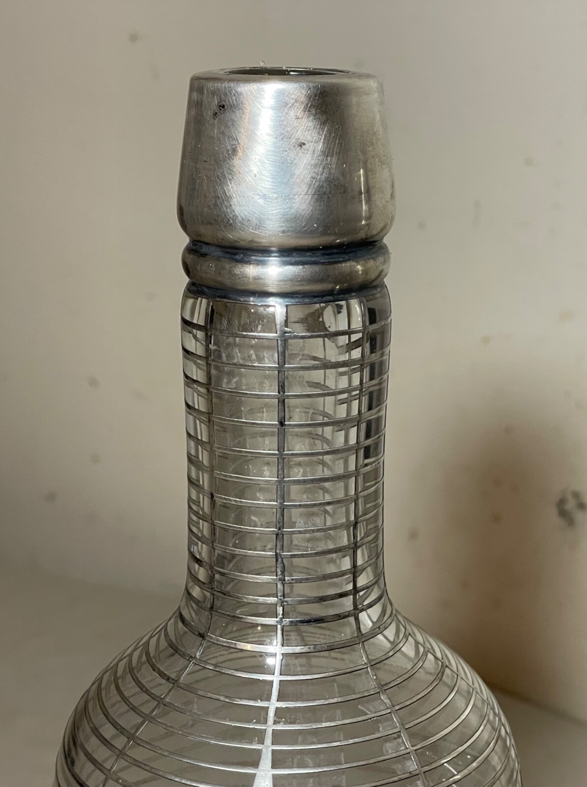 pair antique ornate sterling silver overlay glass liquor claret decanter bottle