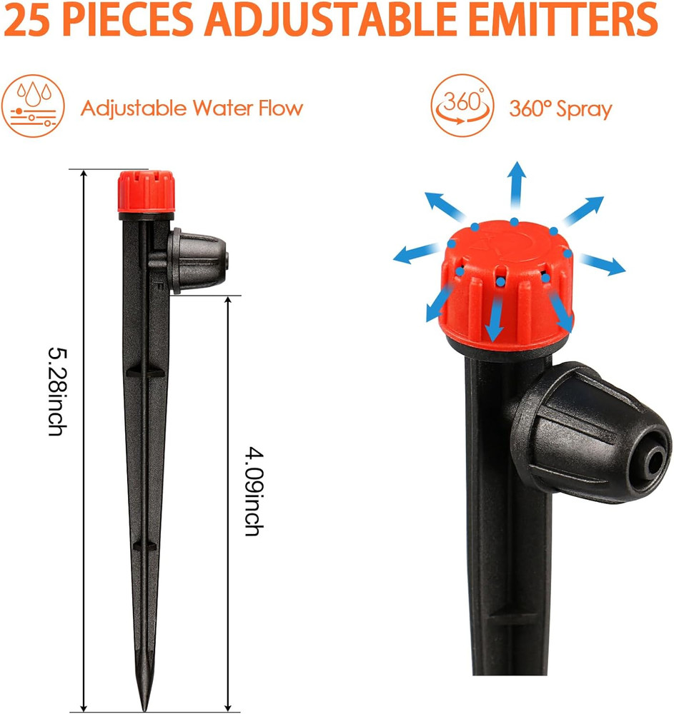 25 Pack Drip Irrigation Emitters with Stake, Adjustable 360° Sprayers 1/4"