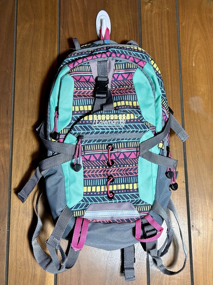 Coleman Hydration Backpack Multi Pocket Adjustable Straps Aqua And Gray