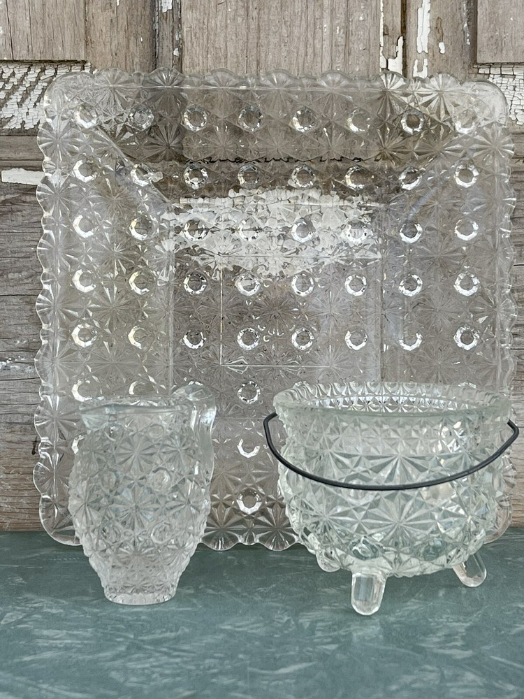 Wright/Smith Glass Daisy & Button Clear Square Plate Mini Pitcher 3 Toed Kettle
