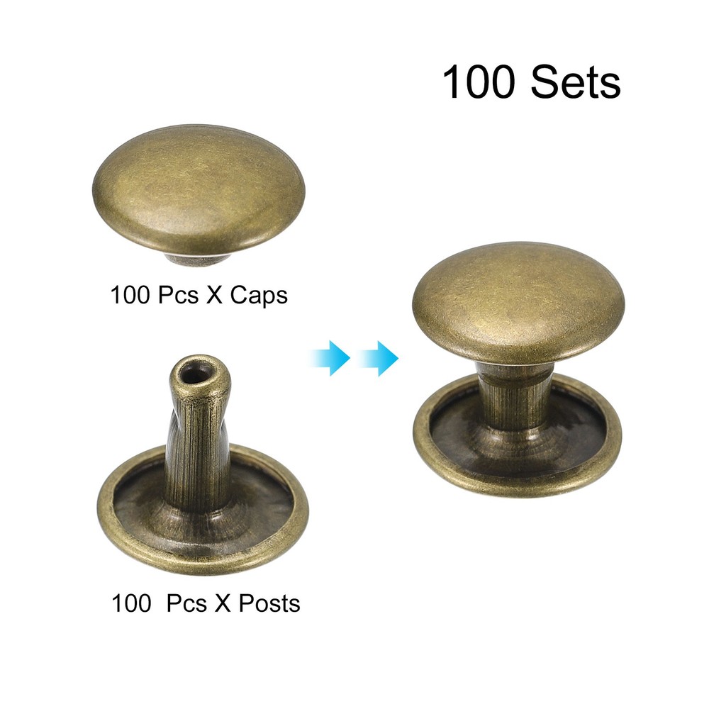 100 Sets Leather Rivets, 9mm Double Cap Rivets 8mm Height Studs, Bronze Tone