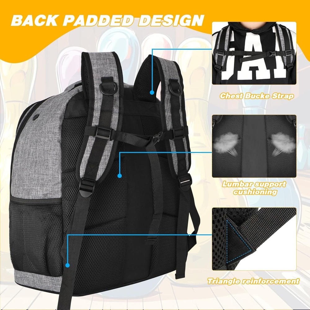 2 Ball Bowling Backpack,Bowling Bag with Shoe Compartment & Grey
