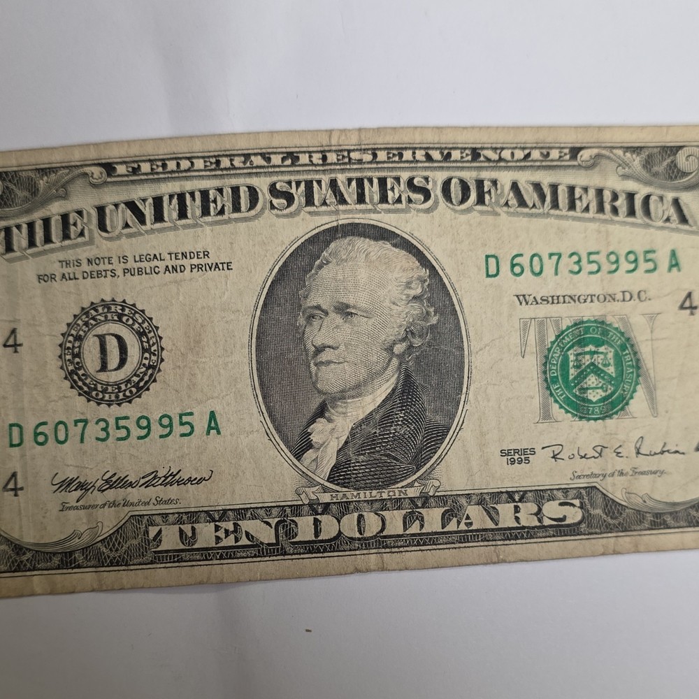 1995 $10 Federal Reserve Note Error D60735995A Missing Portrait Area