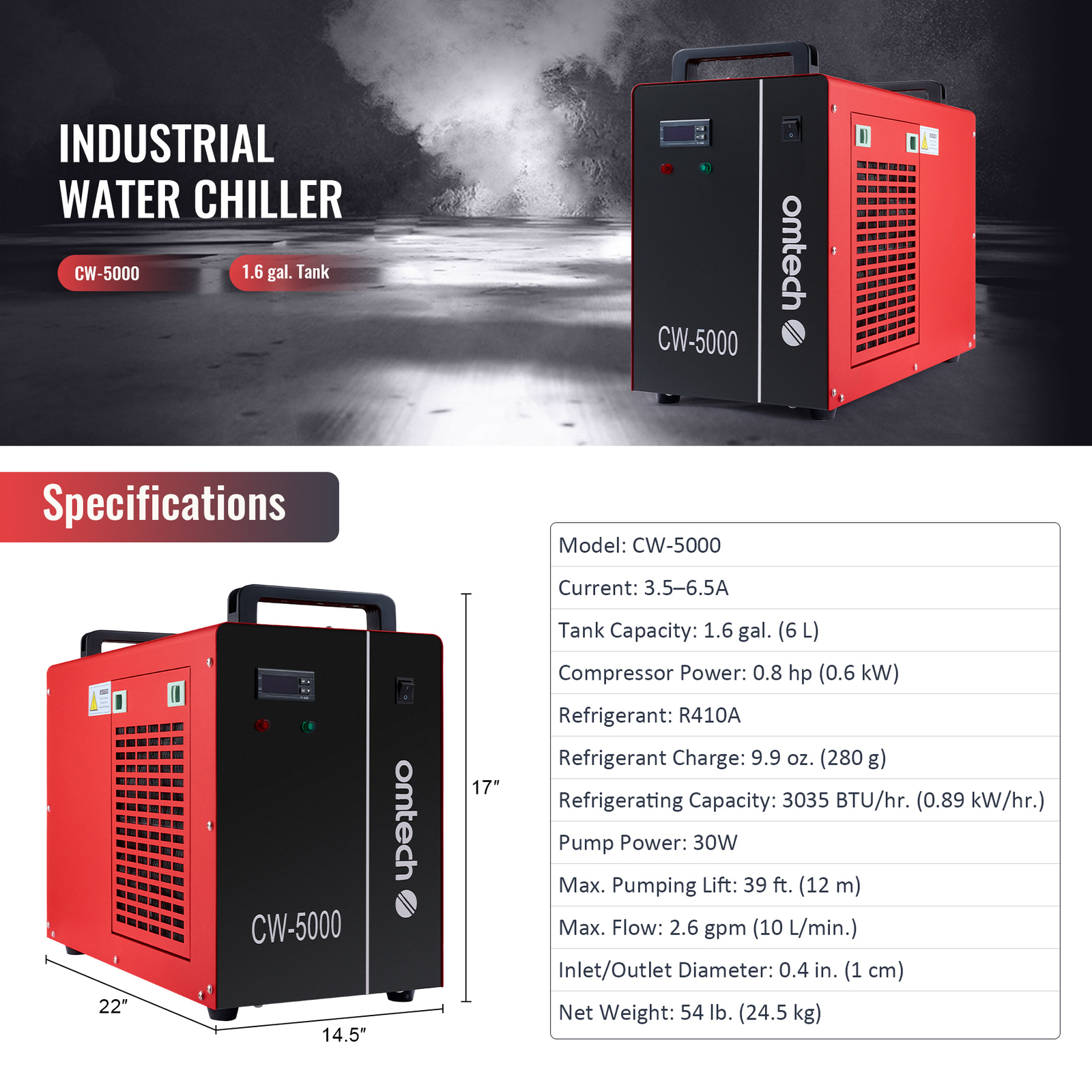OMTech Industrial Water Chiller CW-5000 for 50-100W CO2 Laser Engraver Cutter