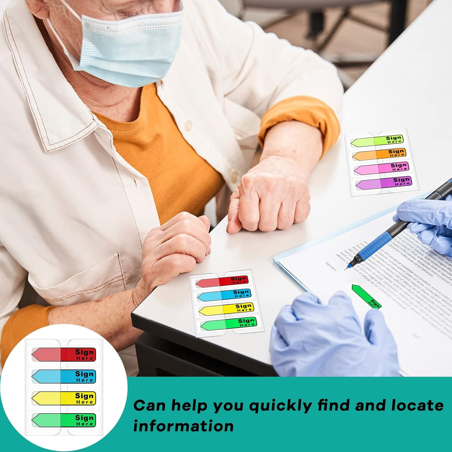 Colored Sign Here Tabs - 600 Self-Stick Flag Stickers with Dispenser