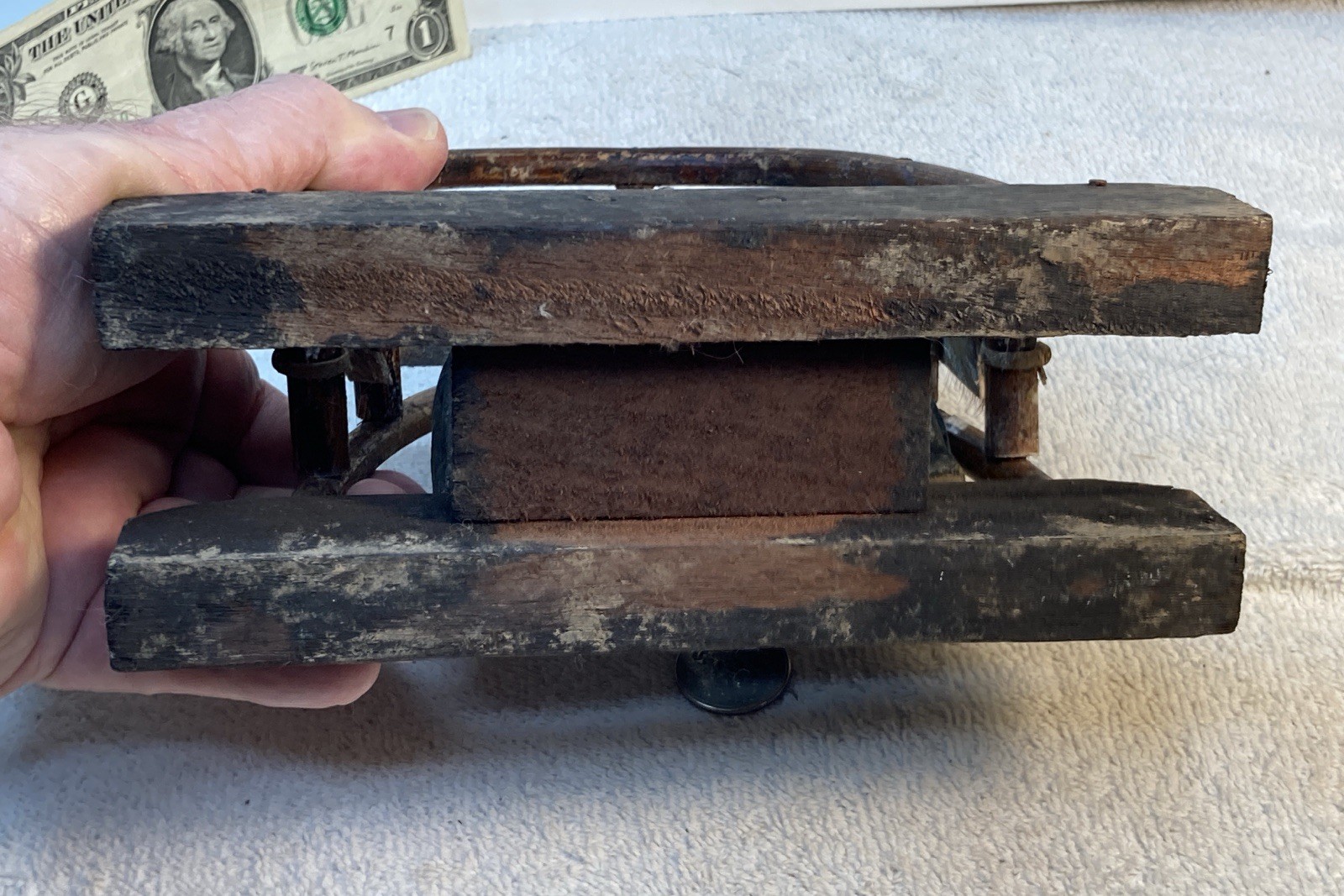 Vtg Karen Hill Tribe Double Elephant Bell w/ Bent Wood Stand & Hide - Thailand