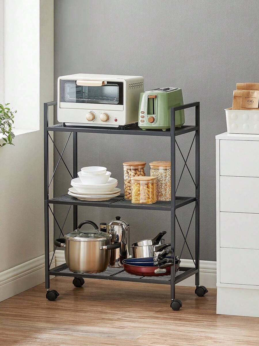 SONGMICS 3-Tier Metal Storage Rack with Wheels Mesh Shelves Industrial Style
