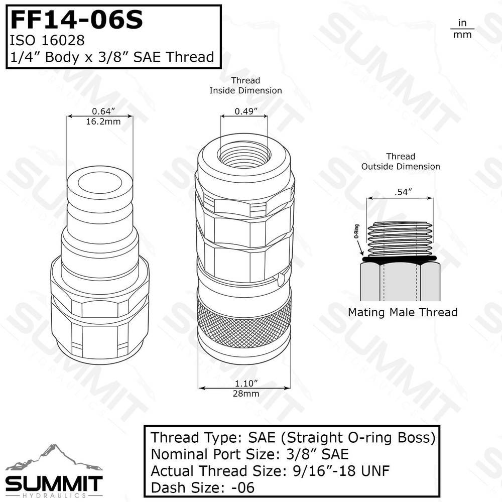 1/4″ Flat Face Hydraulic Quick Connect Coupler Set, 3/8″ SAE Thread