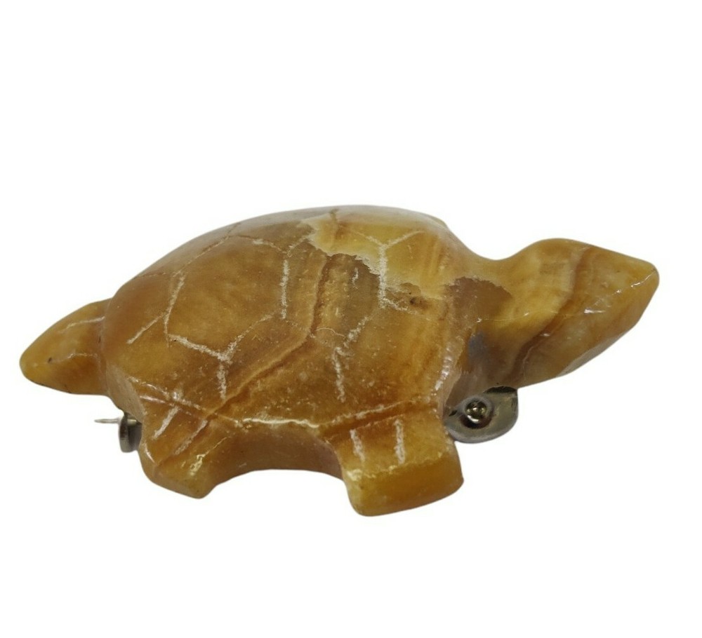 Hand Carved Stone Turtle Brooch Brown