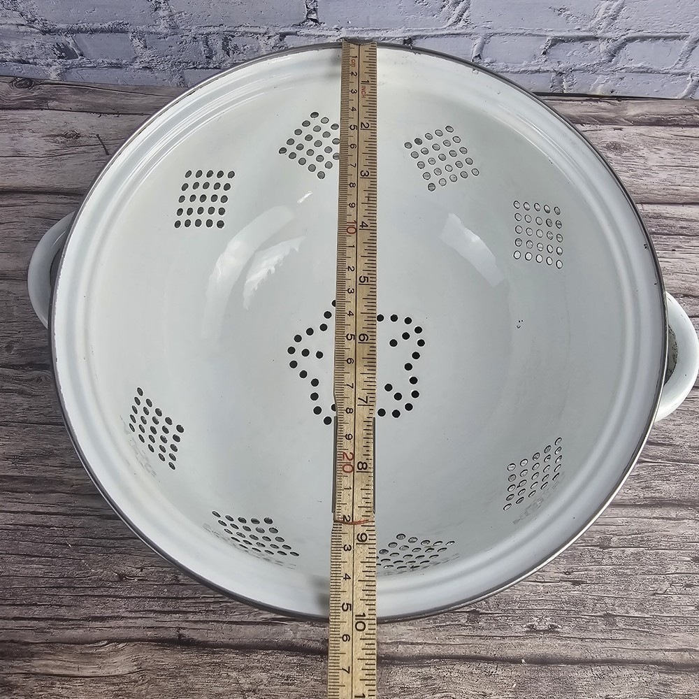 White Enamel Colander 10" Metal Strainer Silver Trim