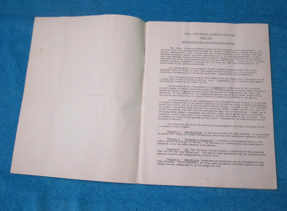 B&W UNIVERSAL HYBRID COUPLER MODEL 3002 ORIGINAL INSTRUCTIONS & TECH. DESCRIPT.