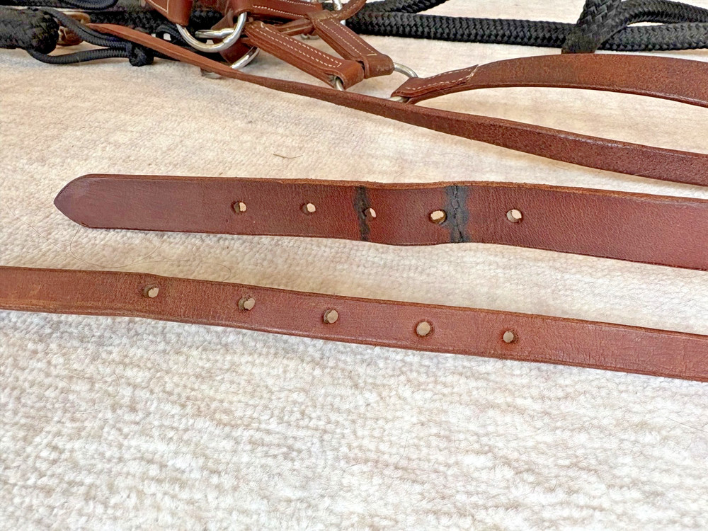 8.5' Poly Loop Rein, Braided Knots and Center Braid Ring, with Leather Sidepull