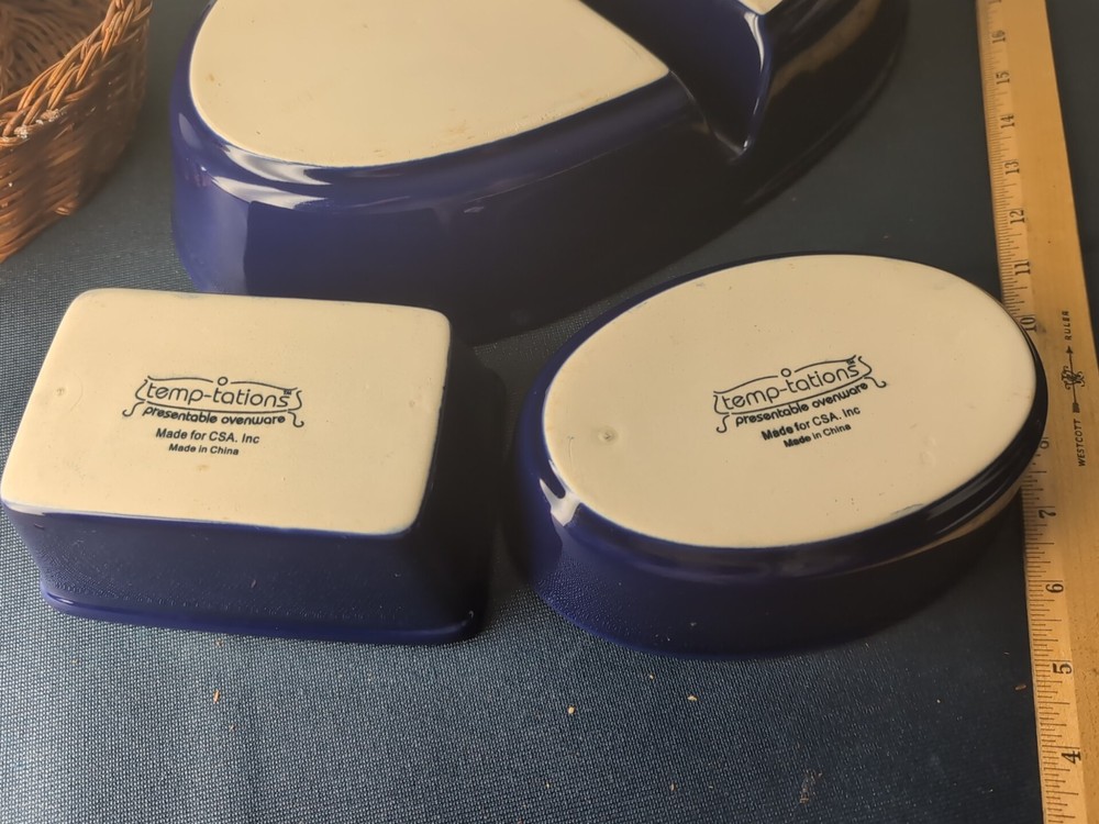 3 Pcs Temptations Blue Divided Oval Casserole & Baking Dishes~Wicker Baskets