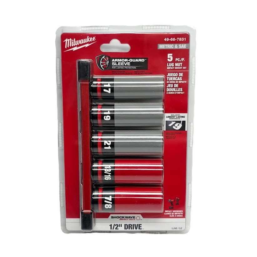 Milwaukee 49-66-7831 SHOCKWAVE 1/2" SAE/Metric Lug Nut Wheel Socket Set - 5 PC