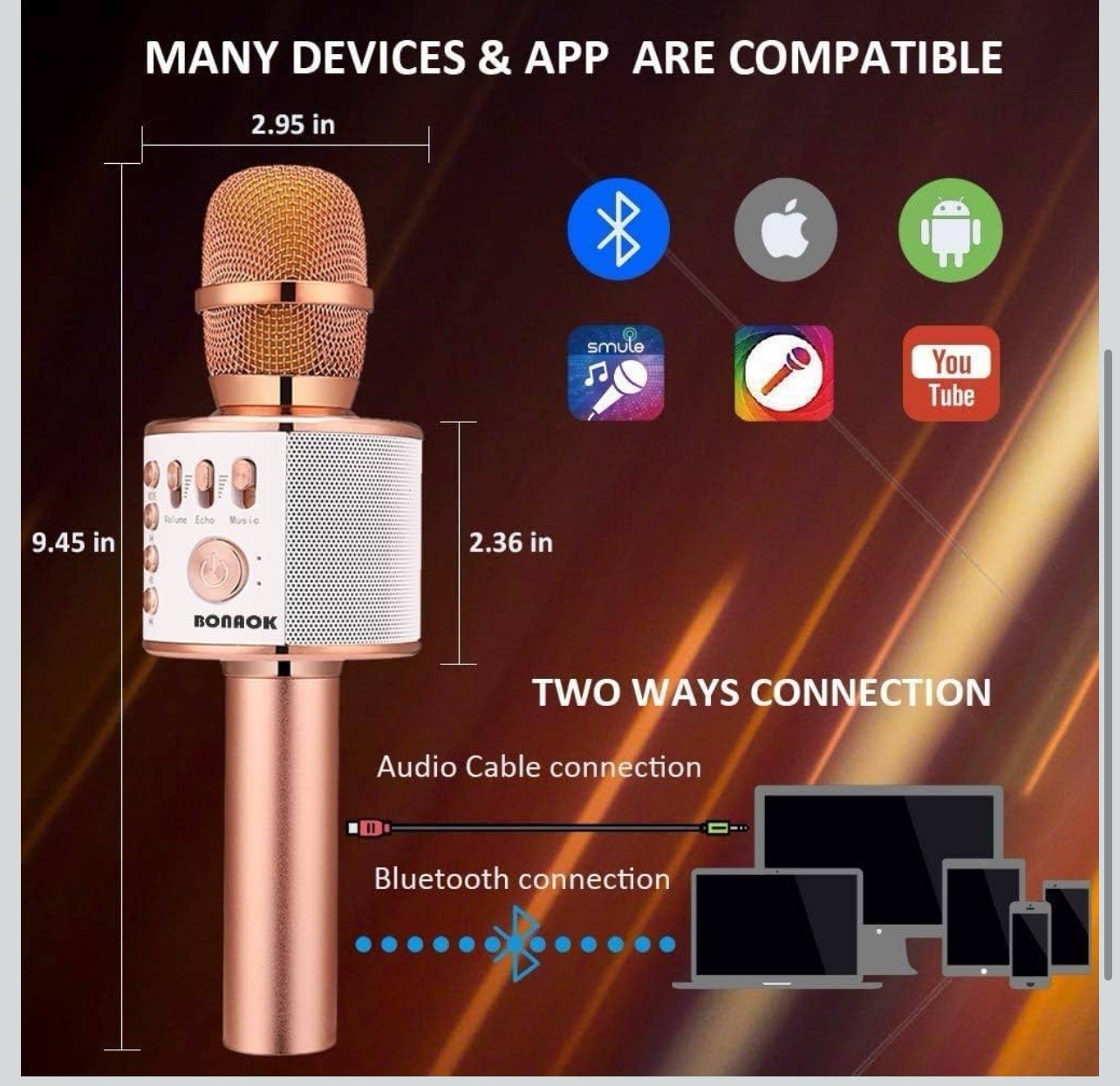 BONAOK Wireless Bluetooth Karaoke Microphone 3-in-1 Portable Handheld Speaker Mi